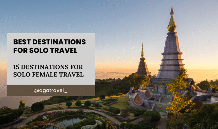 picture of temple at sunset in thailand with title Best Solo Travel Destinations as text overlay