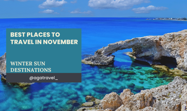 beach image with clear blue sea and text overlay best places to travel in november