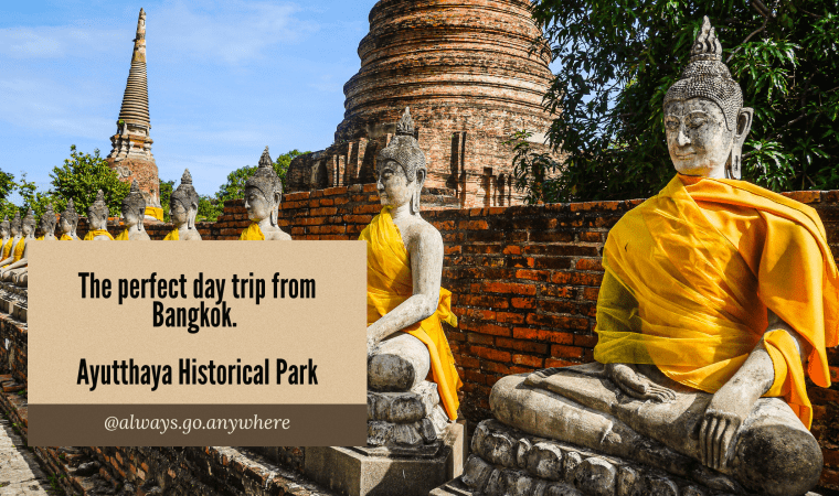 day trip from bangkok text overlaid a picture of a row of buddahs wearing a gold sach