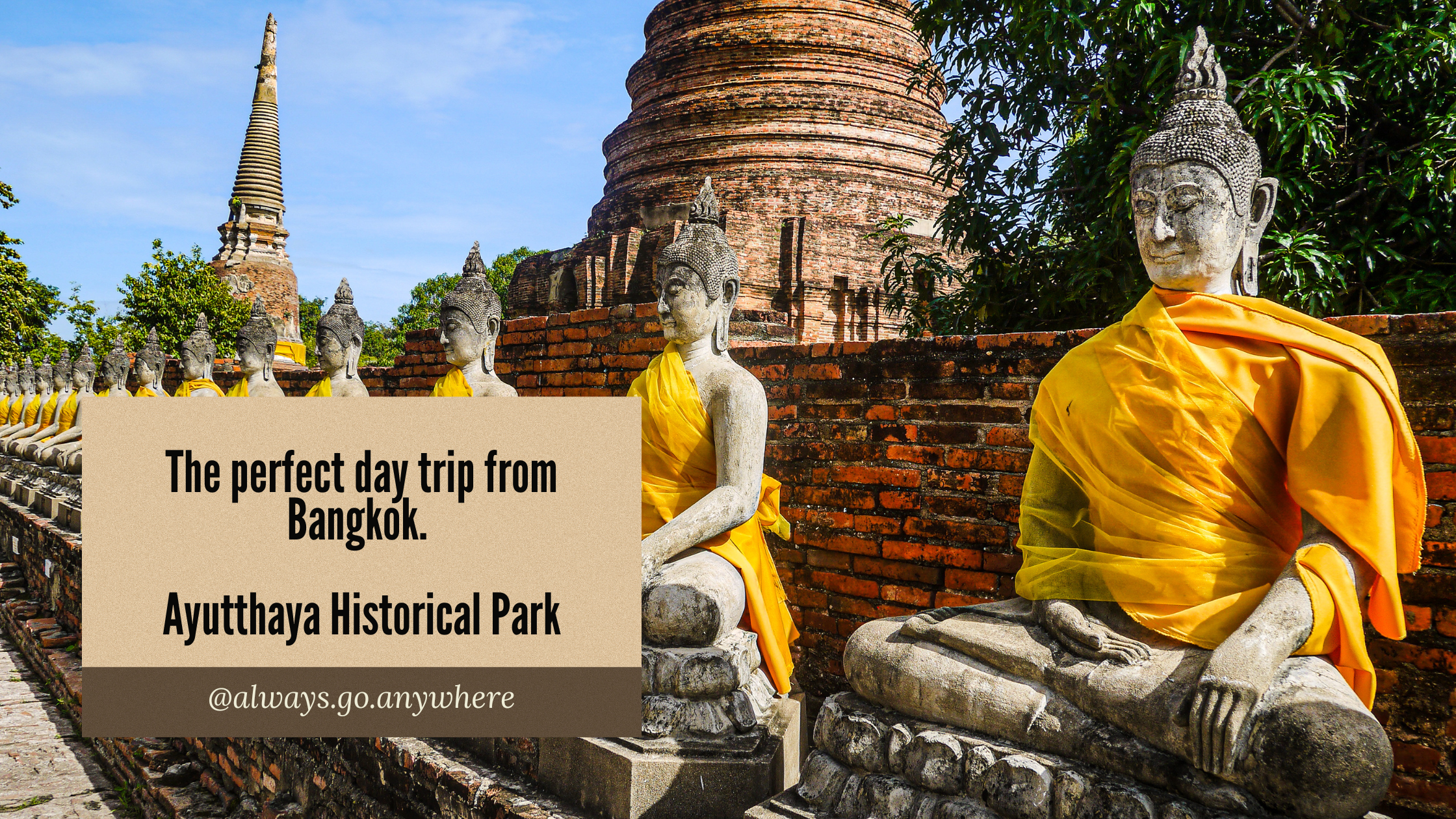 day trip from bangkok text overlaid a picture of a row of buddahs wearing a gold sach